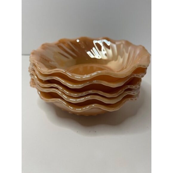 Fire King Peach Luster Soup salad Bowl Set of 5 Ruffled Rim 7” Milk Glass Bottom - Picture 8 of 8